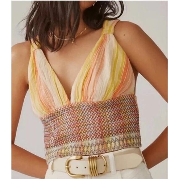 ANTHROPOLOGIE Smocked Halter Tank Small Cropped Striped Embroidered Boho Orange - Picture 1 of 15